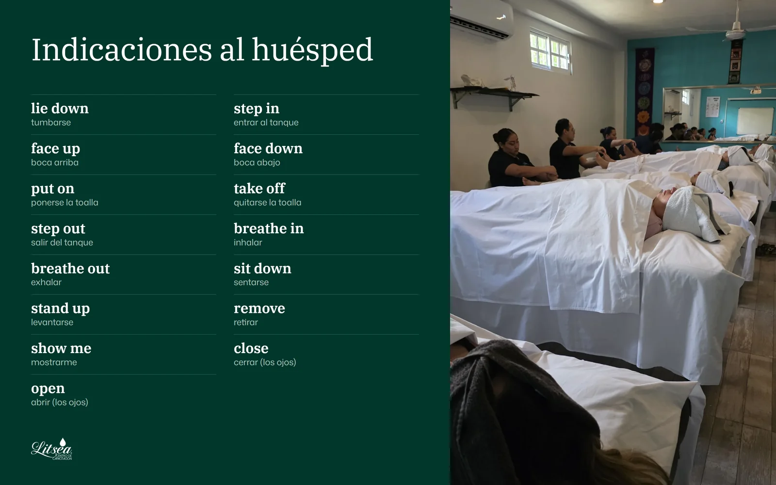 Lámina de inglés para terapeutas de spa: Indicaciones al huésped