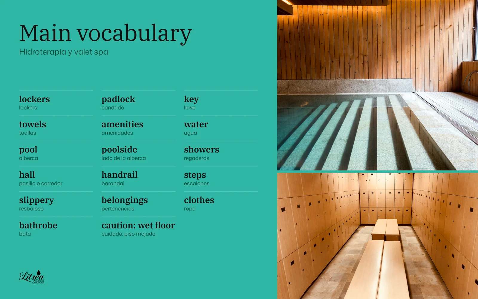 Lámina de inglés para terapeutas de spa: Main vocabulary