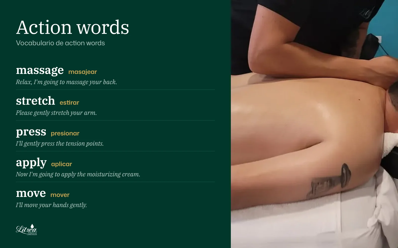 Lámina de inglés para terapeutas de spa: Action words · Vocabulario de action words