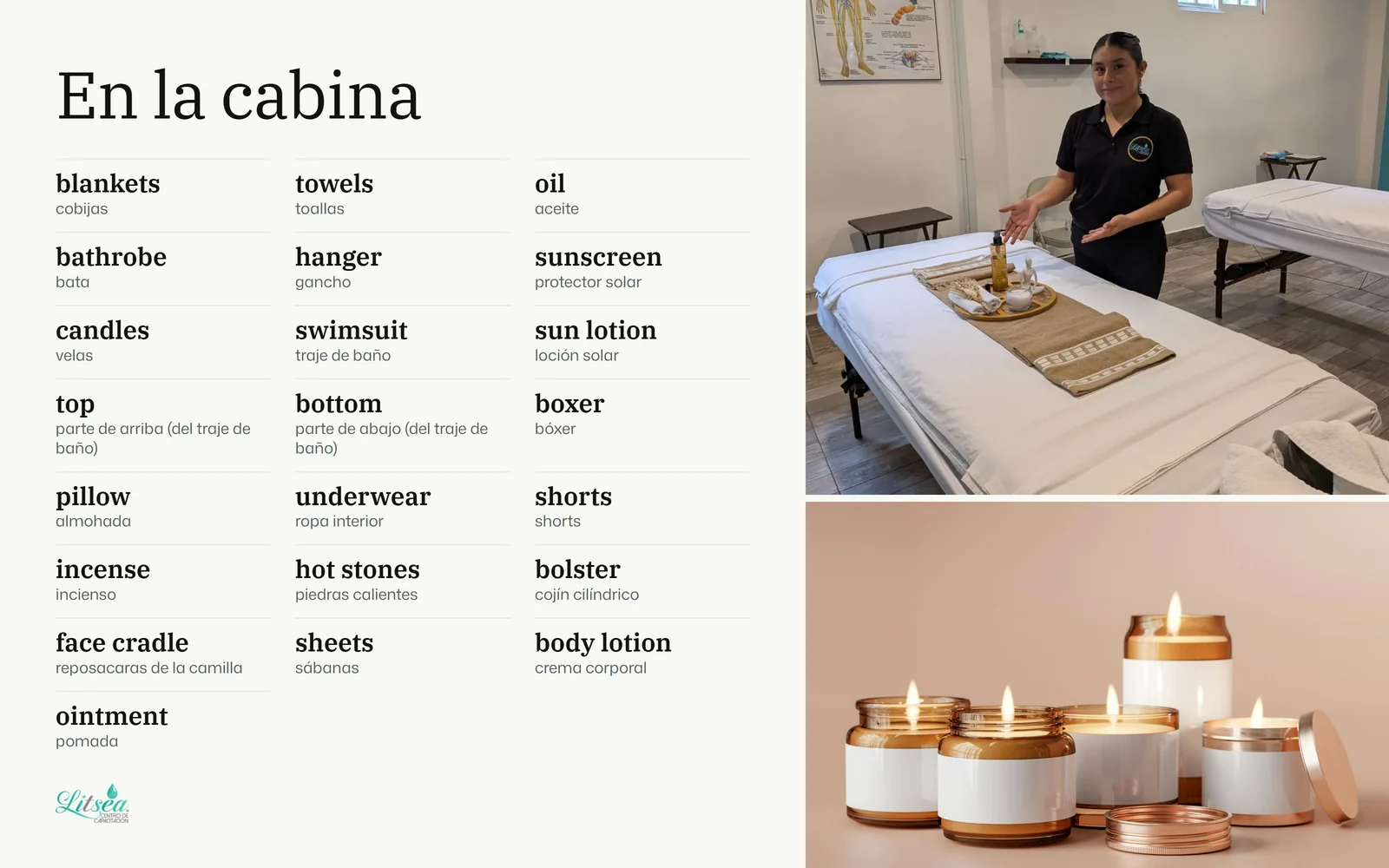 Lámina de inglés para terapeutas de spa: En la cabina